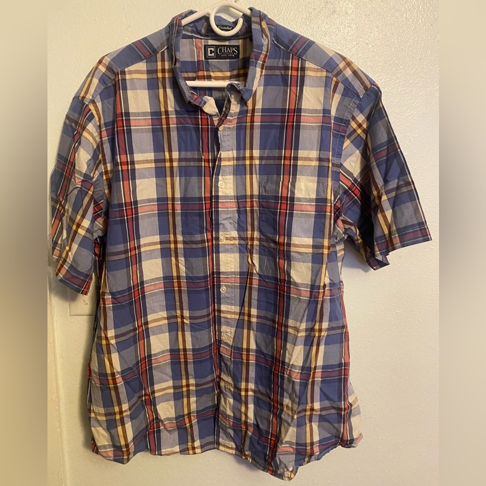 Chaps Short-Sleeve Plaid Button-Down Shirt - Blue, Cream, Red